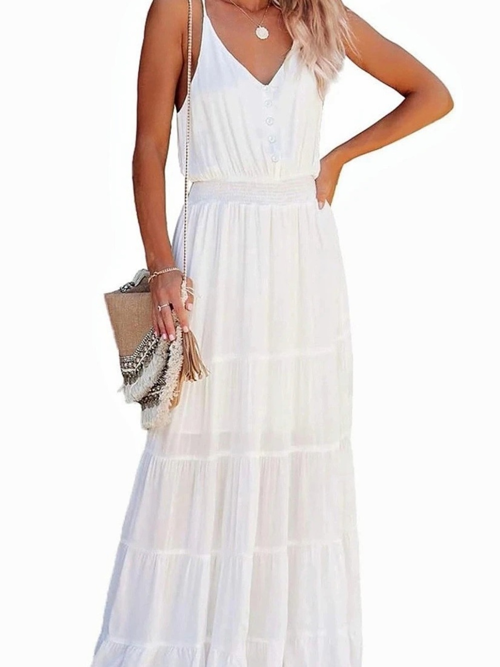PrettyGarden V Neck Maxi Dress White Tiered